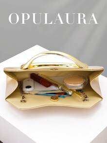 OpulAura 女士优雅金色真皮手提包，奢华天鹅绒晚宴手拿包，适合搭配正式礼服、婚礼、生日派对和毕业晚会。 - 金色 - 查看 3