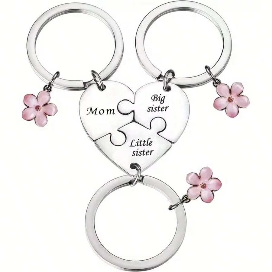 3件套女儿妈妈钥匙扣套装心形配套钥匙扣，适合姐妹、妈妈和家人使用 - 彩色 - 查看 1