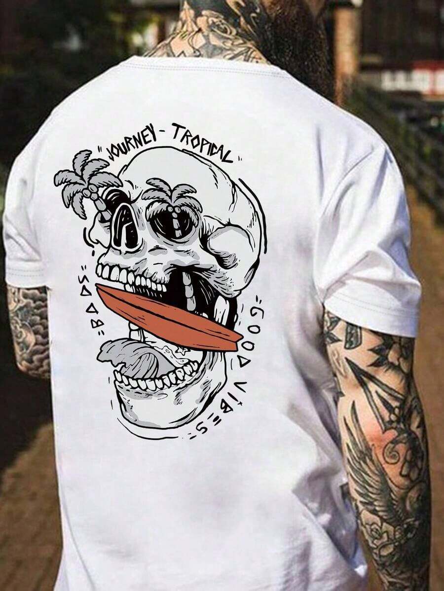 Men's Short Sleeve Crew Neck T-Shirt With Letter And Skeleton Print, Casual Summer T-Shirt For Halloween Z0EZ - 白色 - 查看 1