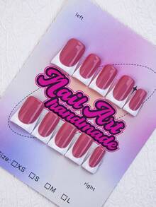 10pcs Square Shaped Handmade Nail Tips, Y2K Baddie Style, Nude & White Color Solid French Tip Artificial Nails, Suitable For Women & Girls, Glitter Nails For Party, Wedding, Daily Wear, Great Gift For Ladies - White - View 2