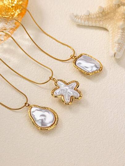 1件波西米亚风巴洛克珍珠项链，适合女性和女孩，精致仿珍珠海星吊坠项链，不锈钢项链，夏季海滩度假日常佩戴饰品，派对、音乐节时尚配饰