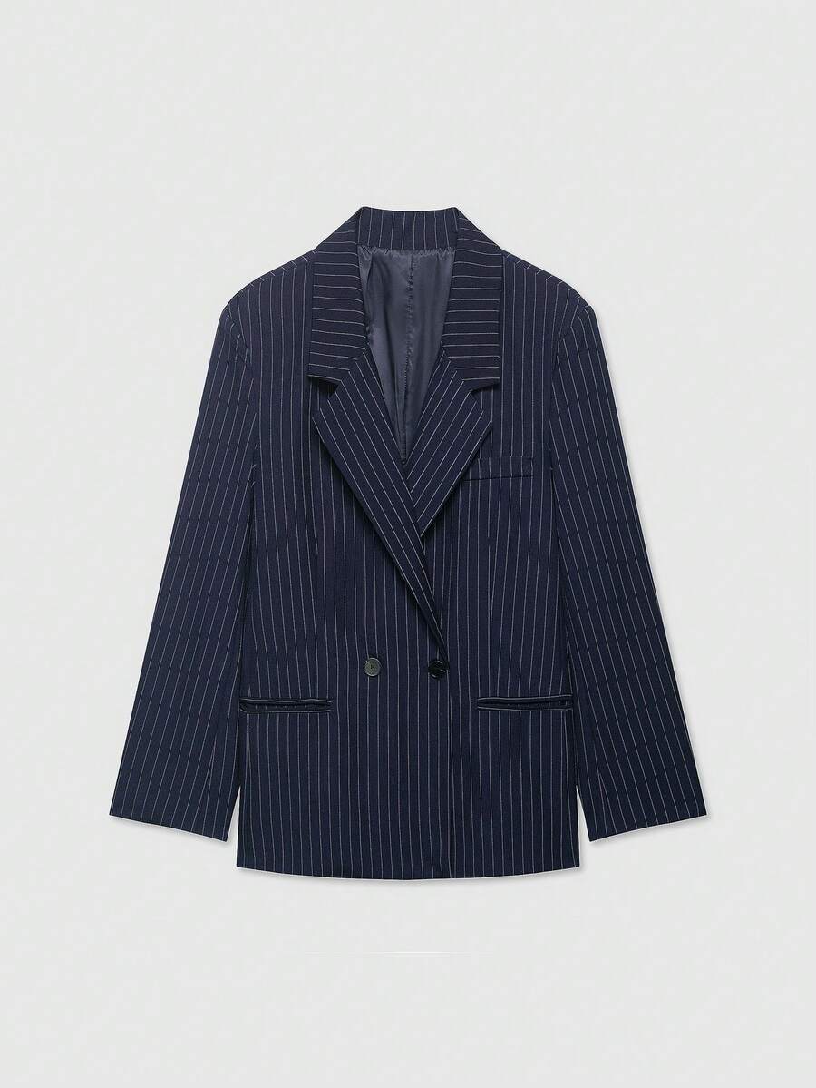 Áo blazer nữ dáng rộng, tay dài, cổ ve lật, hai hàng cúc, kẻ sọc, kiểu dáng cổ điển, phù hợp cho công sở và đi làm, mùa xuân. - Màu xanh hải quân - Xem 1