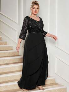 Vestido Maxi de Noche para Fiesta Talla Grande con Cuello en V, Lentejuelas, Encaje Floral, Volantes y Bajo de Gasa, Vestido Formal Elegante Negro para Invitada de Boda - Negro - Ver 9