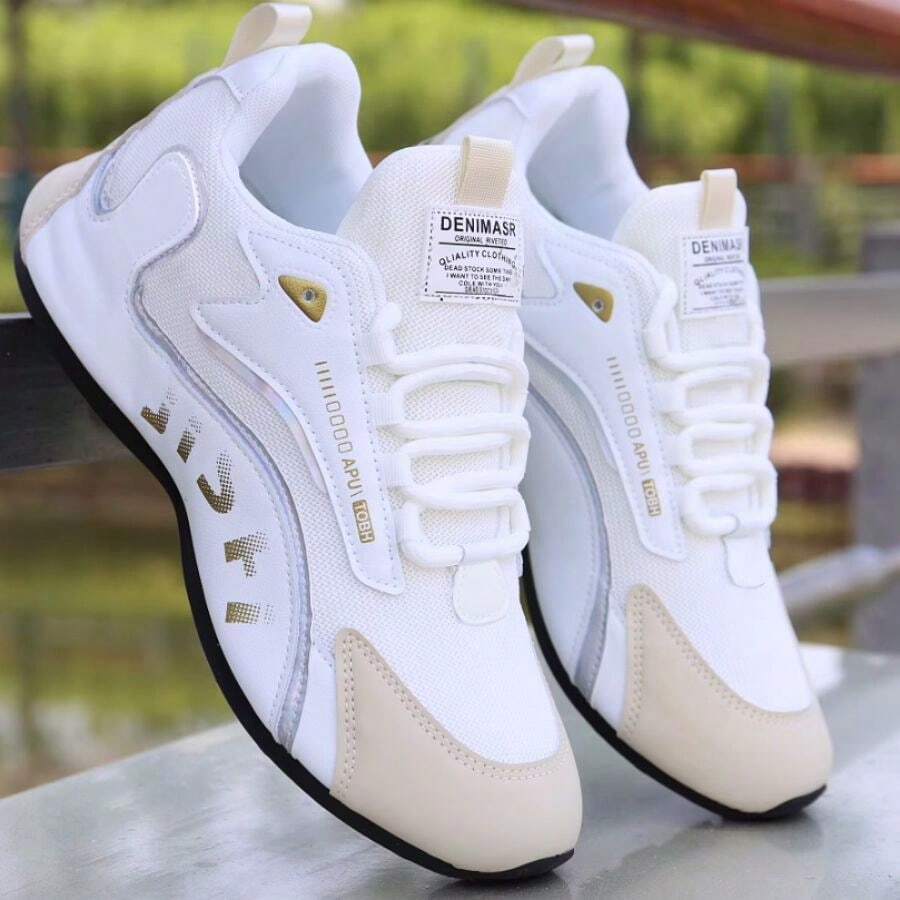 STARNOVO Fashionable White & Beige Low-Top Sneakers, With Gold Accents, Breathable Fabric Lining, Durable PVC Outsole - Suitable For Casual & Sports Wear