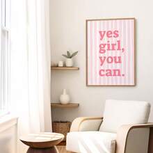 1幅“Yes Girl You Can”励志名言帆布画，粉色字体，适合卧室、客厅、公寓、宿舍等场所，可作墙面装饰，送给她的礼物，不含画框。 - 彩色 - 查看 4