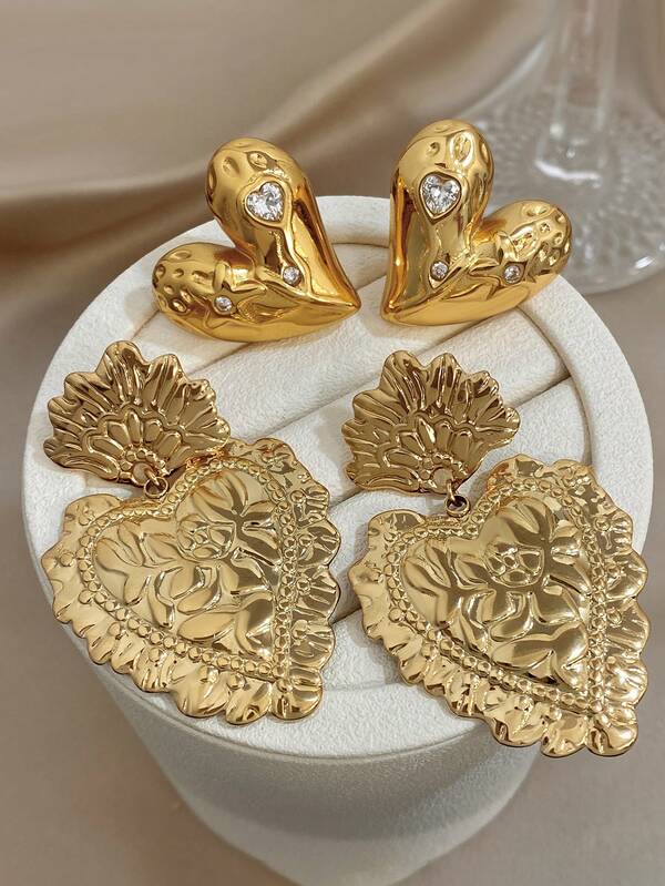 Juego de pendientes de acero inoxidable chapado en oro de 18K con colgante de corazón de lujo vintage y circonita, para uso diario, citas, fiestas, reuniones, vacaciones en la playa, días festivos, como accesorio de primavera y verano, joyería de estilo bohemio, regalo del Día de San Valentín