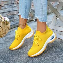 Women's Breathable Lightweight Sneakers - Low-Top Lace-Up Design For Summer, Lightweight Sole Suitable For Running, Walking, Tennis And Casual Wear, Fashionable And Comfortable Fitness Shoes, Fashionable Style, Soft Material, A Must-Have For Fitness Enthusiasts, Fashionable And Versatile Travel Shoes - 黃色 - 查看 3