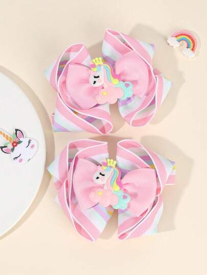 2个可爱独角兽发夹，糖果色独角兽发卡，彩虹罗缎蝴蝶结鳄鱼夹，女孩节日礼物，可爱卡通发夹，青少年发饰