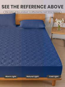 1pc Waterproof Solid Color Bed Sheet, Skin-Friendly Dust-Proof Moisture-Proof Mattress Protector Cover, Ultrasonic Embossed Suitable For All Size Mattresses (Double/Full/Queen/King), Bedding Gift, Machine Washable - Navy Blue - View 8