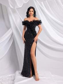 QOQ Women's Sequin Mermaid Evening Gown, High Slit Off Shoulder Ruffle Formal Maxi Dress, Elegant Prom Cocktail Wedding Guest Gala Party Dresses - Black - View 3