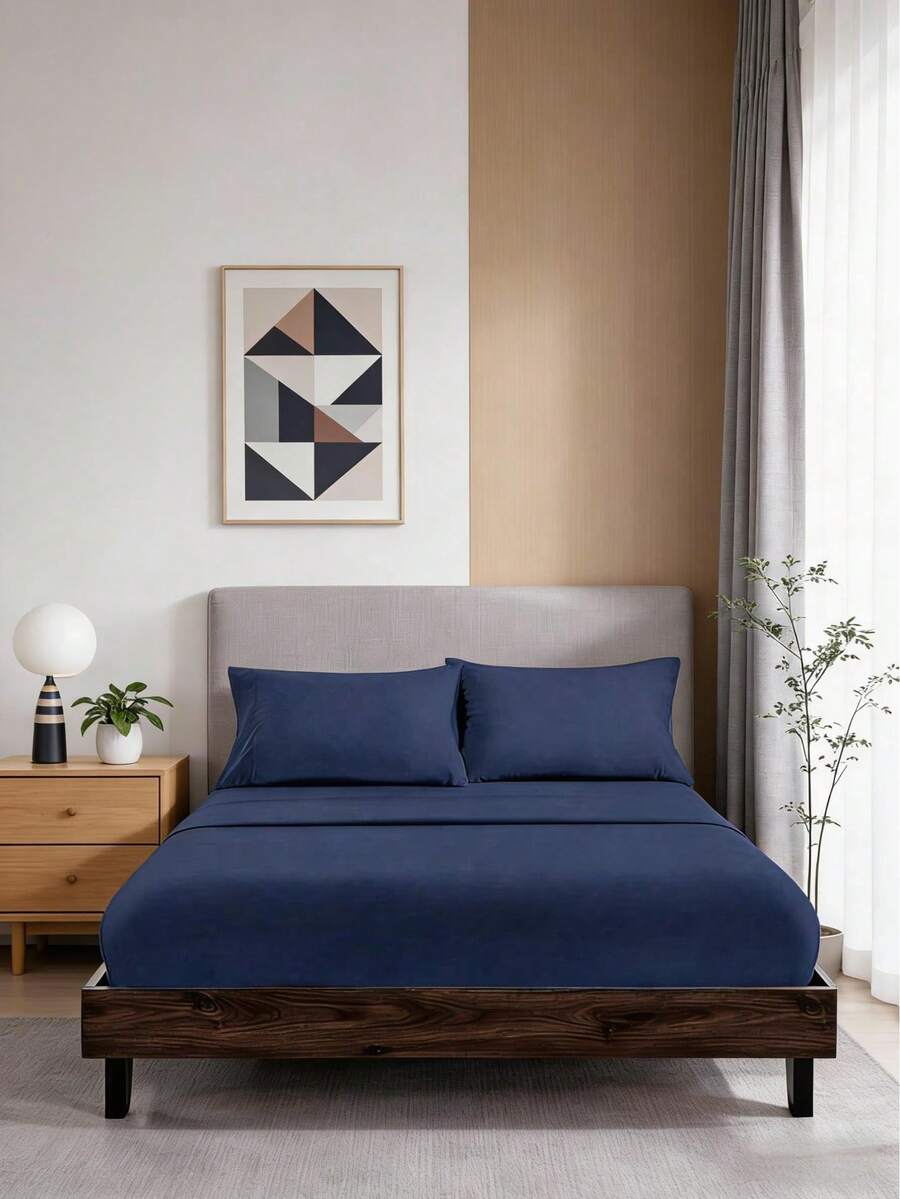 Sábana bajera ajustable de una sola capa en color liso (funda de almohada no incluida), ligera y suave, antideslizante y resistente a la formación de bolitas, portátil y fácil de desmontar, disponible en varios colores. Sábana bajera ajustable/cubrecama/sábana acolchada, apta para uso invernal en colores lisos, ideal para dormitorios, habitaciones de invitados, apartamentos, escuelas y otros entornos. - Azul Marino - Ver 1