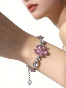 1pc Sweet & Fashionable Pink Sakura Rhinestone Bracelet, Suitable For Women's Daily, Festival, And Party Wear - Multicolor - View 4