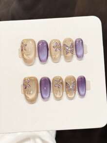 10pcs Handmade Nails Oval Nails Acrylic Press On Nails Short, Gentle Nude,Purple Nails, Flashy Cateye, Handpainted Simple Flower Butterfly, Edgy Elegant Simple Spring Fake Nails, Summer Nails, Party Daily & Dating Use Beach Tropical Getaway Suitable,DIY False Nail Art Suitable For Women & Girls As Gift Nail Supplies - Purple - View 10