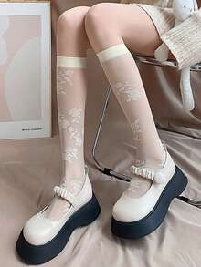 女士玫瑰花图案中筒袜一双装，轻薄夏季款，适合校园/休闲场合 - 彩色 - 查看 6