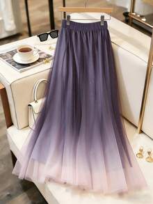 Versatile Minimalist Women's Ombre Mesh A-Line Skirt, Flowy Pleated Skirt With Wide Sheer Hem, Suitable For Brunch , Spring/Summer - Purple - View 3