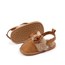 Baby Girls First Walking Shoes Fashionable Infant Cozy Fleece Bow Decor Non Slip Flat Slippers - Khaki - View 2
