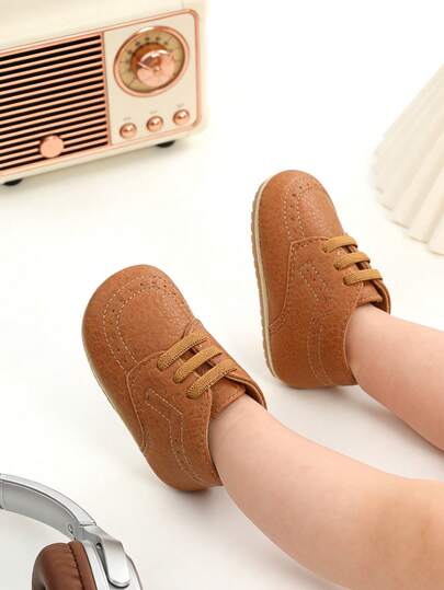 Infant Boys Brogue Style Sneakers, Soft Non-Slip Sole Infant Crib Shoes, Vintage Lace-Up Toddler First Walkers For Newborn Vintage Brown Infant Boys Sneakers, Brogue Embroidered Soft Sole Crib Shoes, Classic Lace-Up Infant First Walkers For Daily Wear Infant Infant Boys Lace-Up Sneakers, Soft Non-Slip Sole Brogue Crib Shoes, Retro Toddler First Walkers For Newborn