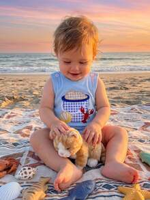 Baby Unisex Clothes Newborn Summer Clothes Shark/Crab/Sailboat Embroidery Sleeveless Bubble Romper Newborn Infant Outfit 0 3 6 9 12 18 Months, Adorable Beach Themed Outfit - 天藍 - 查看 3