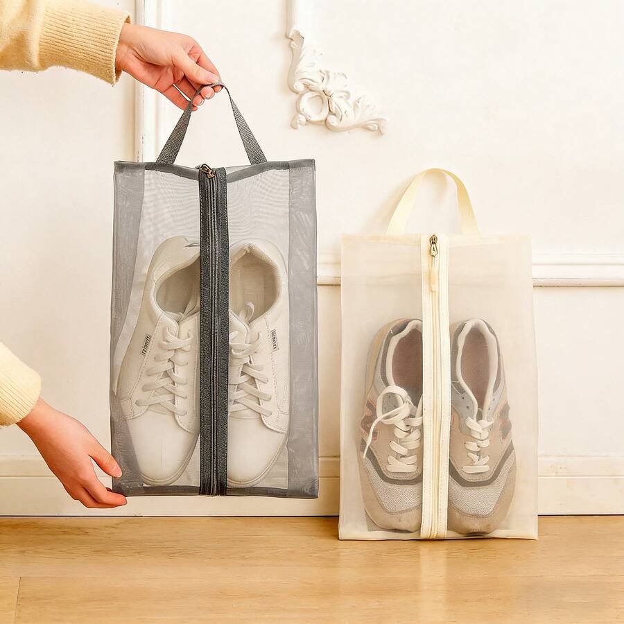 1pc Foldable Breathable Mesh Shoe Bag - Transparent Design, Durable Polyester Large Capacity Shoe Bag, Suitable For Gym, Travel, Beach, As Well As Storing Cosmetics And Toiletries. Available In Beige, Grey And Black. Home Goods And Daily Necessities. Can Be Used For Room Decor, Home Decor And Kitchen Decor. Summer Travel Essential. Shoe Bag, Shoe Rack, Storage. - Multicolor - View 1