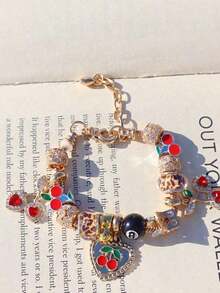 1pc Leopard Print Cherry Charm Bracelet, 1pc Black Cherry 8mm Bead Bracelet, Fashion Leopard Print DIY Bracelet, 1pc Red Cherry Music Festival Bracelet - 金色 - 查看 7