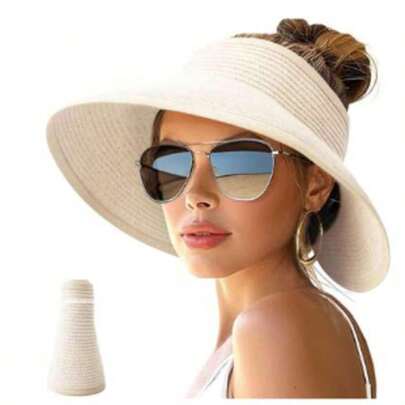 Sun Visor Hats For Women Wide Brim Straw Roll-Up Ponytail Summer Beach Hat UV UPF Packable Foldable Travel Boho Bow