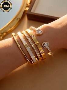 Minimalist Elegant Fashion Versatile Gentle Unique Geometric Design Copper Micro-Inlaid Cubic Zirconia Bracelet Set, Suitable For Women's Daily Commute, Banquet, Wedding, Fashionable And High-End - Gold - View 2