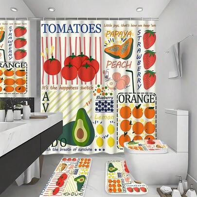 1件套或4件套，包含水果主题浴室浴帘套装，含12钩浴帘、1个防滑浴缸垫、1个U型马桶盖套，是理想的浴室配件套装或节日礼物，也可用于家居装饰和浴室装饰。