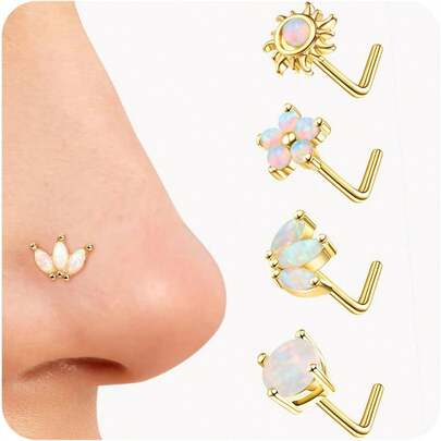 IRONBOX Nose Rings Studs For Women Stainless Steel L Shaped Nose Studs Tiny Opal CZ Sunflower Bee Planet Nose Piercing Jewelry