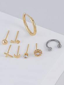 8件套精致锆石月亮、钥匙、十字架耳钉套装，多层耳骨耳钉，适合女性日常、约会、派对搭配 - 彩色 - 查看 5