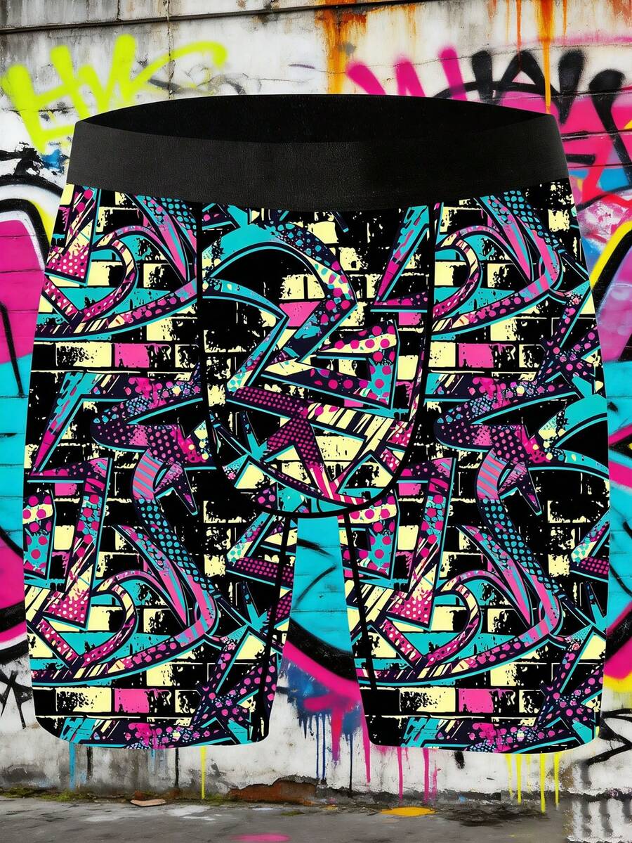 1 chiếc quần boxer nam độc đáo, in hình graffiti đường phố Mỹ, chủ đề nghệ thuật graffiti, chất liệu vải dệt kim, kiểu dáng thể thao rộng rãi, thoáng khí và thấm hút mồ hôi, mềm mại và thân thiện với da, quần lót boxer thể thao thường ngày.