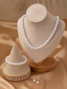 4pcs Set Elegant Minimalist Faux Pearl Beaded Necklace Bracelet Earrings Jewelry Set, Suitable For Evening Gowns, Dates, Gatherings And Parties, Can Be Matched With Outfits - one-size - View 9