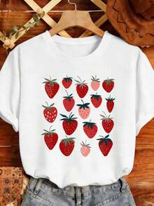 T-shirt casual da donna con stampa di fragole, in morbido cotone, vestibilità comoda, traspirante, stile street hip-hop, stampa grafica unica. - Bianco - Visualizzare 2