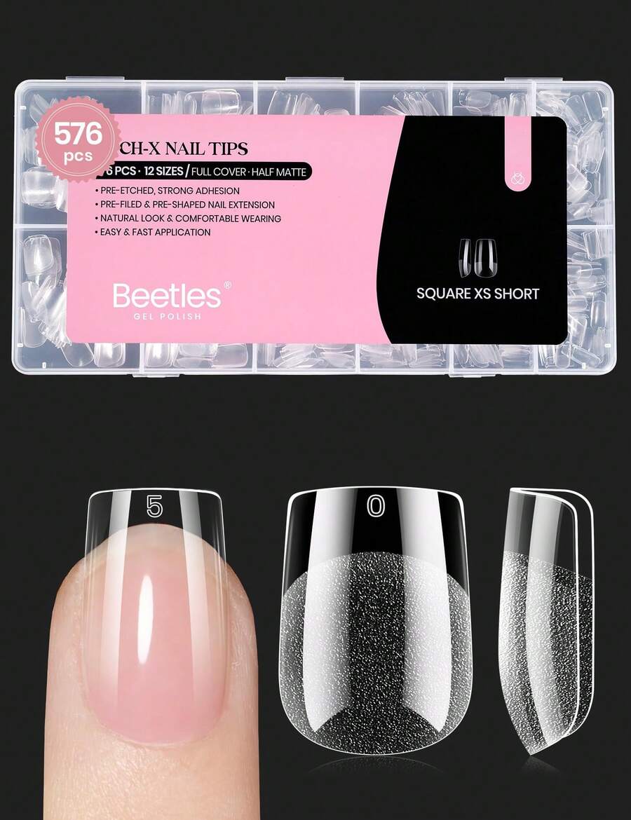 Beetles Soft Gel Nail Tips Short Almond 288pcs In 12 Sizes, Etch-X Pre-Etched Full Cover Acrylic Fake Nails Art - Square Extra Short 576pcs (Etch X Nail Tips) - View 1