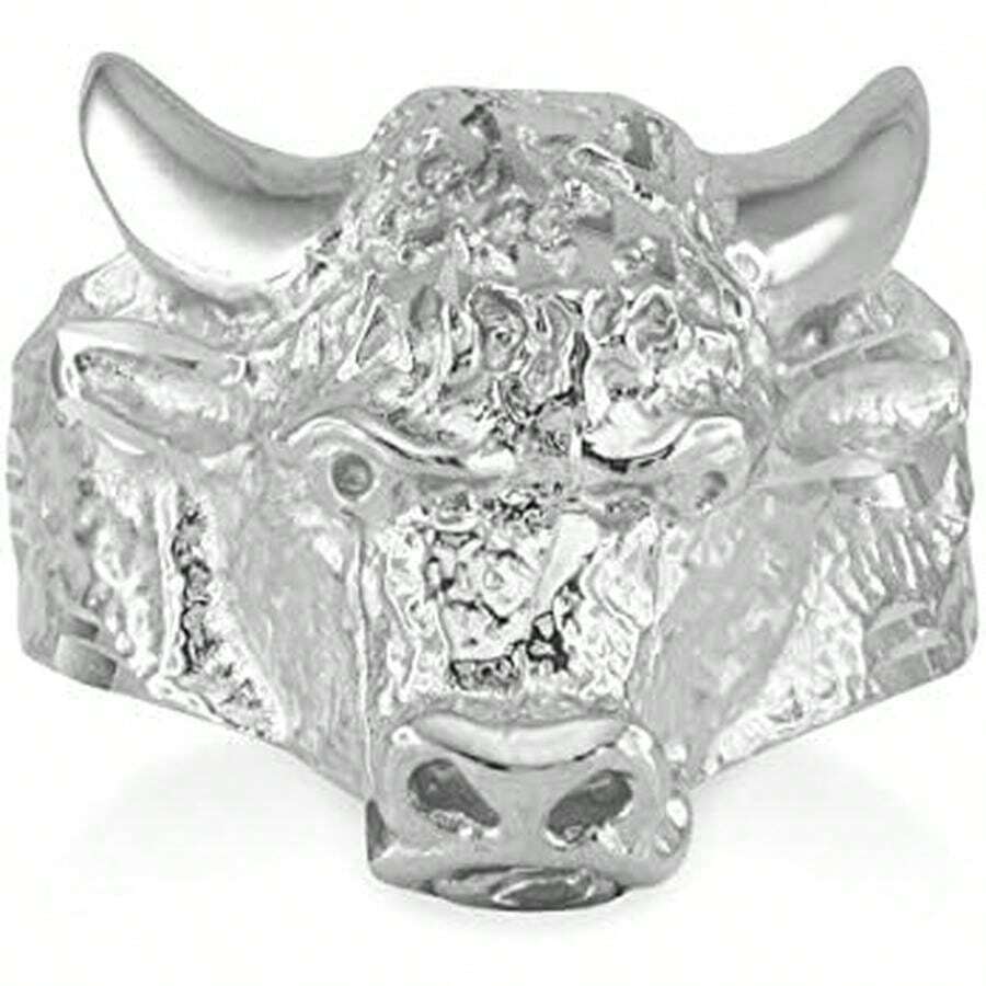 Men's Polished 925 Sterling Silver Band Taurus Bull Ring (Large) - 9.75 - 查看 1