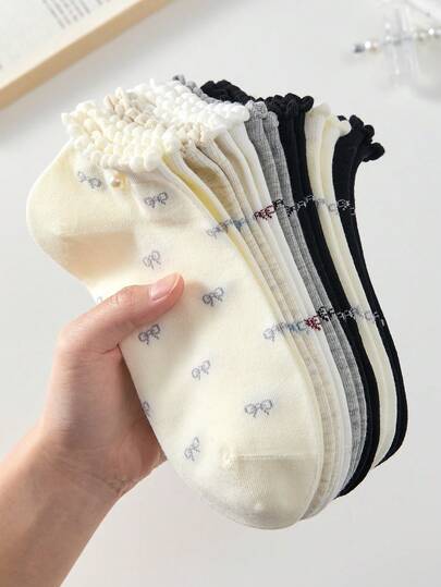 5 Pairs Bow Decor Lace Trim Women's Ankle Socks, Non-Slip Breathable Moisture-Wicking, Suitable For Spring/Summer, Fit For Sports And Leisure
