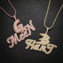 Customized Brass Cubic Zirconia Pendant With Small Letter Charm, Unisex Necklace Accessory, Comes With Braided Chain - C - View 2