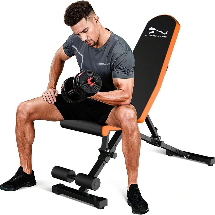 Banco de peso ajustable, Equipo de gimnasio para el hogar Capacidad pesada de 1000lbs, 8 posiciones de respaldo y 3 asientos, Banco inclinado / inclinado / plano, Ahorro de espacio, Banco plegable de entrenamiento de cuerpo completo, Estilo de tubo cuadrado, Naranja - Naranja y negro - Ver 1