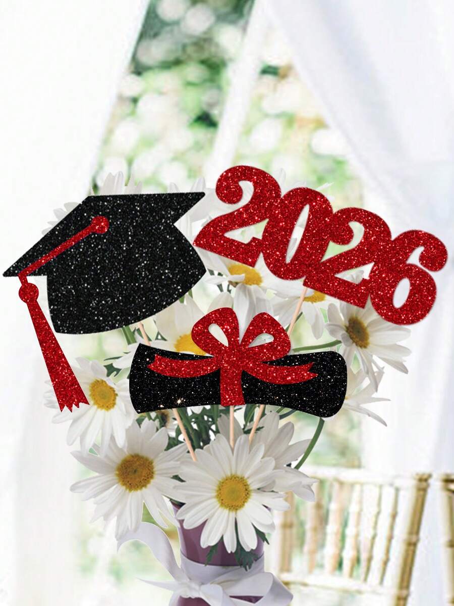 3 buah Hiasan Topi Wisuda, Ijazah, dan Vas Bunga Berkilau Warna Pink & Hitam untuk Angkatan 2026, Cocok untuk Pesta Wisuda, Selamat atas Wisuda 2026 - Merah dan hitam - View 1