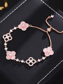 1 件优雅玫瑰金粉色珐琅四叶草花朵可调节手链，镶嵌透明立方氧化锆，女士派对礼物 - 金色 - 查看 4