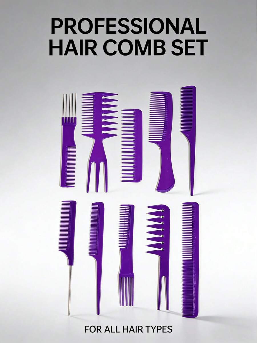 10件套化妆造型美发刷套装，多功能梳子，适用于家庭和沙龙使用 - 紫色 - 查看 1
