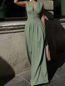 Women's Summer Solid Color Front Zipper Waist Pleated Jumpsuit Elegant - Dark Green - View 3