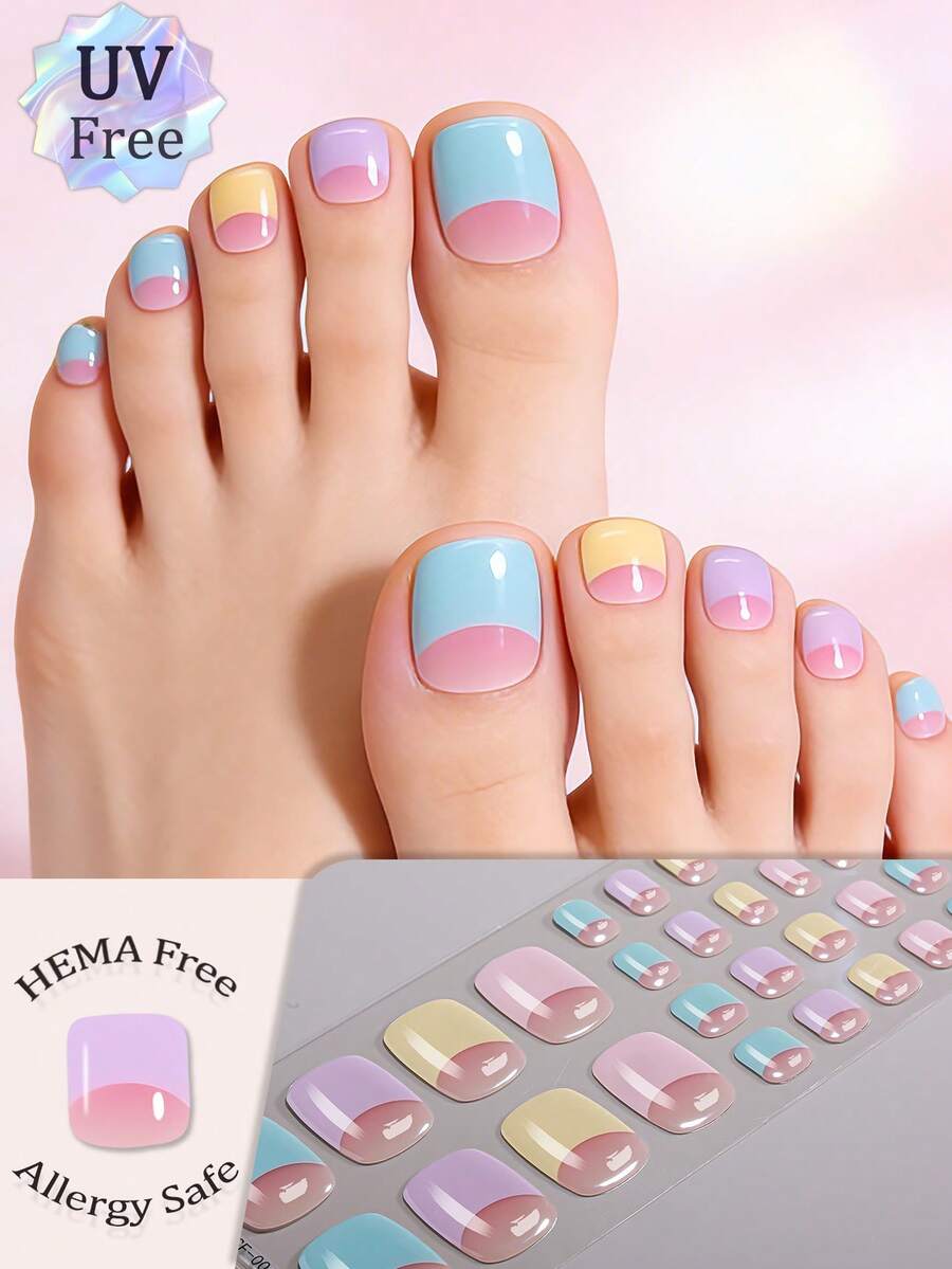 [UV Free] Spring & Summer Dopamine Macaron Color Gradient Gel Nail Stickers, 34pcs Set, Macaron Contrast Color Matching Rainbow Gradient French Style Design, Glossy Finish, Long-Lasting, No UV Lamp Required, Suitable For Weekend Outings, Pool Parties, Daily Errands, Great Gift For Girls