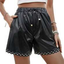 Women's Drawstring Waist Rivet Decor Casual Versatile Daily Wear Shorts Black Summer - Black - View 4