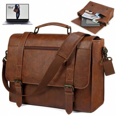 NEWHEY 男士斜挎包 15.6 英寸真皮复古笔记本电脑公文包 防水电脑包 真皮手提包 大号单肩包 办公工作旅行大学适用 棕色