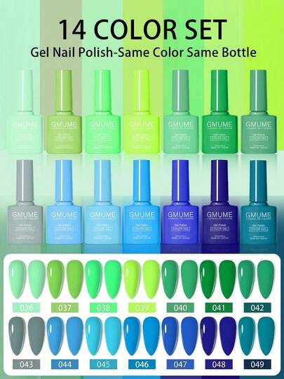  GMUME 14 Color Set Blue Green Gel Nail Polish 15ml Professional Soak Off UV LED Manicure Kit Same Color Same Bottle Easy Identify Including Mint Green, Pistachio, Lime Green, Neon Green, Forest Green, Emerald, Jade, Slate Gray, Sky Blue, Cyan, Ocean Blue, Royal Blue, Navy Blue, Peacock Blue Summer Fresh Cool Tones Nature Inspired Series DIY Salon Result Long Lasting