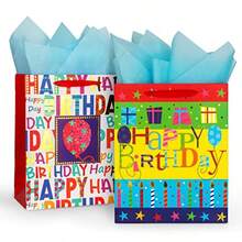 2-Pack 12.6" Large Happy Birthday Gift Bags for Birthday Party with Tissue Paper - Multicolor - Ver 8
