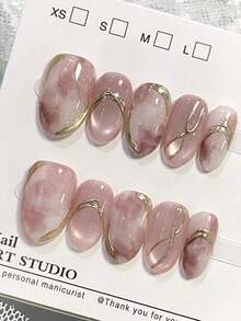 10Pcs Handmade Press-On Nails, Short Oval-Shaped Nails, Purple Manicure, Luxurious Sweet Style, Pink-Purple Gradient Wash, Fine Shimmered Cat-Eye, Hand-Painted Gold Lines, Delicate Press-On Nails, Suitable For Women And Girls, For Use In Spring, Summer, Autumn, Winter, Party Occasions, And Daily Life. - Multicolor - View 2
