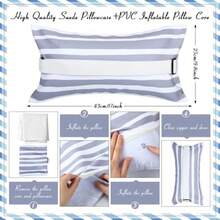 Menkxi Almohada inflable de playa de 17 x 10 pulgadas almohada de playa con funda extraíble almohada de playa con correa a rayas para mochilero para verano playa piscina día festivo de viaje - Gris y blanco - Ver 3
