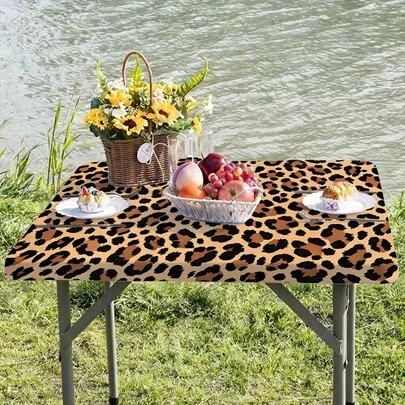 1pc Leopard Print Elastic Tablecloth, Zebra Pattern Design, Made Of Machine Washable Polyester, With Wavy Edges, Suitable For Parties, Weddings, Picnics, Cafes And Home Gatherings