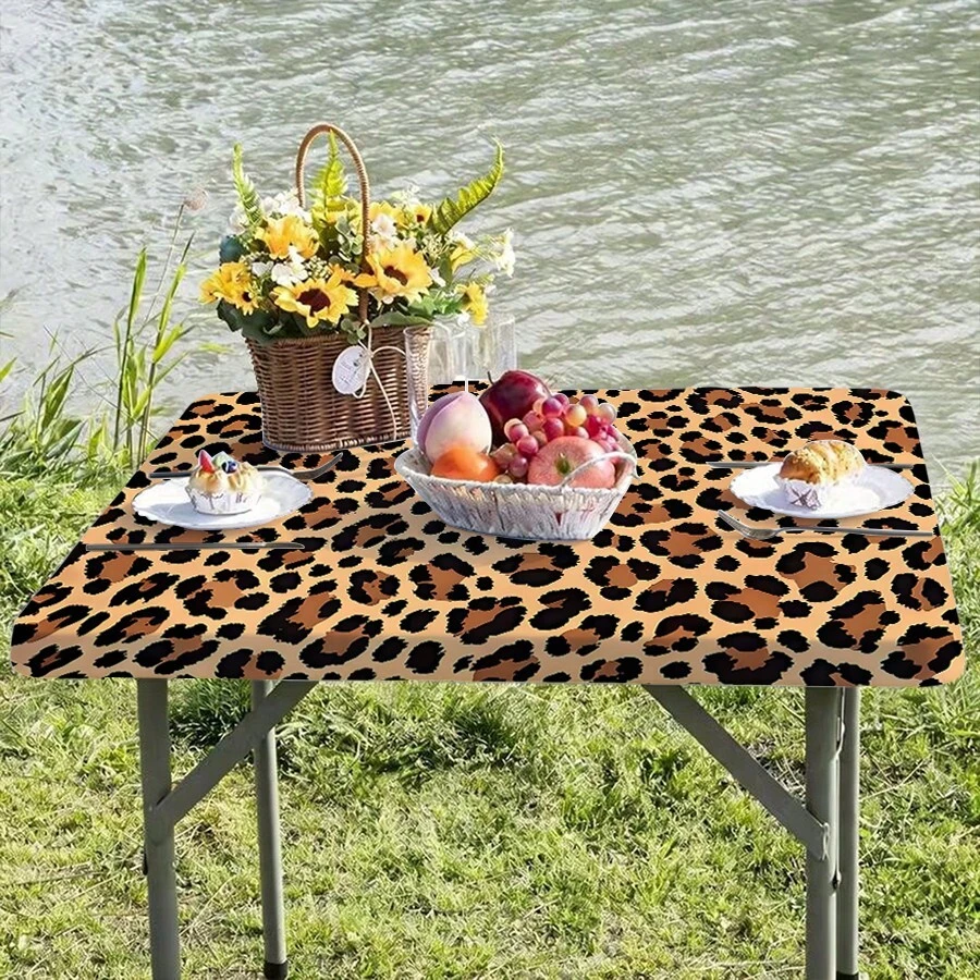 1pc Leopard Print Elastic Tablecloth, Zebra Pattern Design, Made Of Machine Washable Polyester, With Wavy Edges, Suitable For Parties, Weddings, Picnics, Cafes And Home Gatherings - A - View 1
